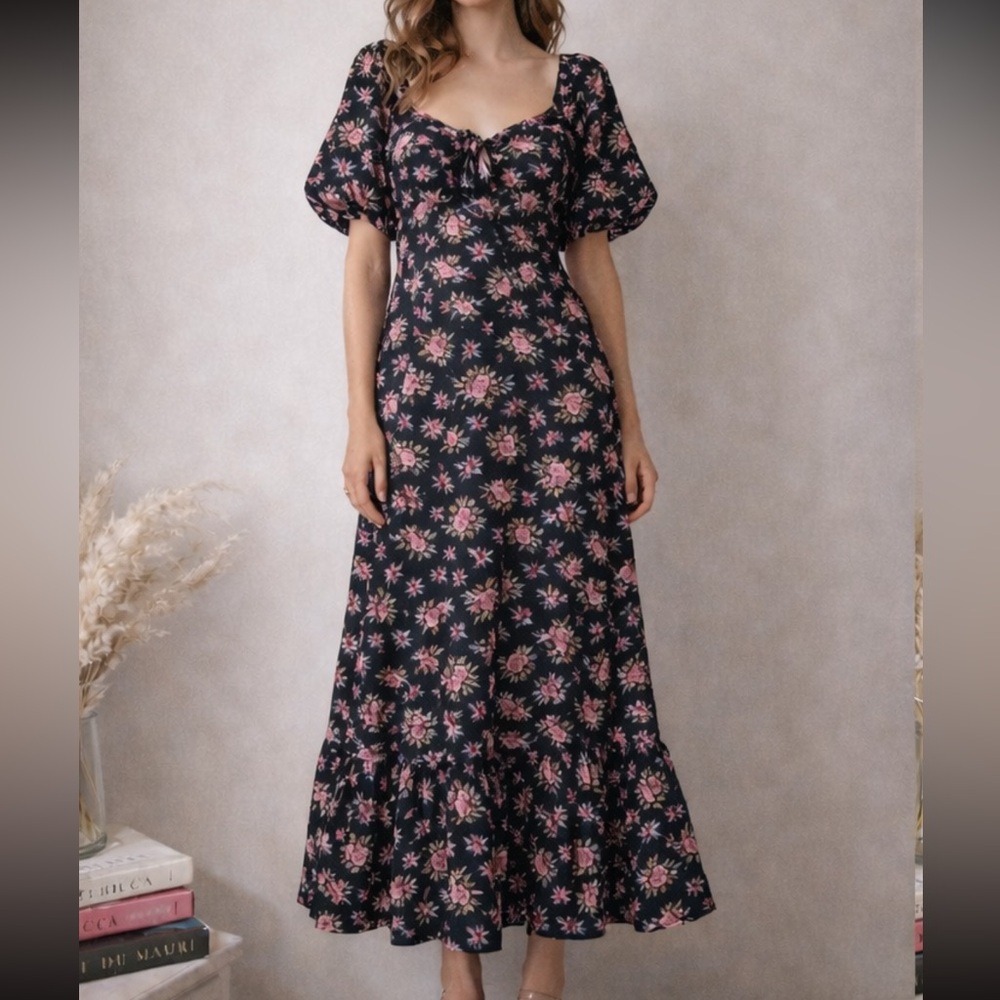 Hyacinth House Floral Open Back Puff Sleeve Midi Dress